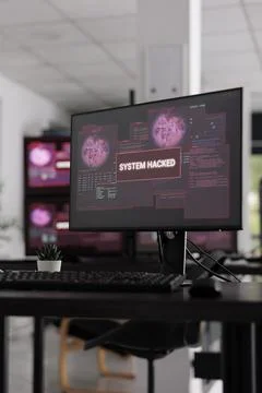 Empty software office displaying critical error message flashing on pc display Stock Photos