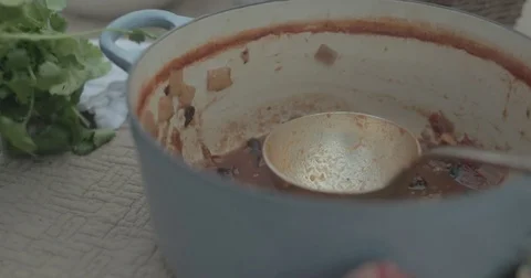 Empty soup pot at a picnic Stock Footage 76414289