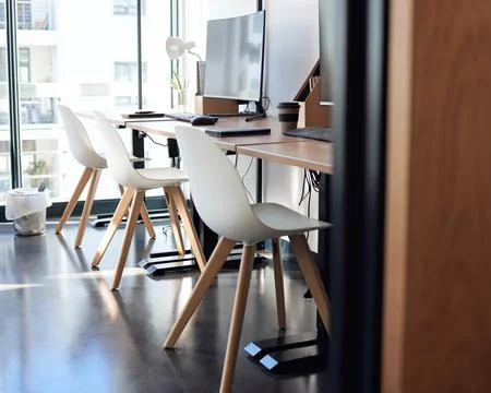 Empty, space and technology on office desk for creative work in journalism or Stock Photos