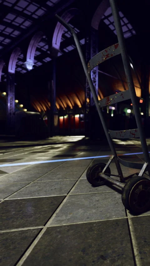Empty space with a cart in a darkened area of a building at night Stock Footage 334172751