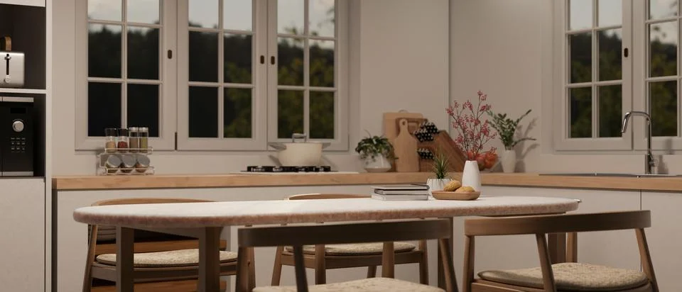 Empty space on a dining table in a minimal Scandinavian kitchen with kitche.. Stock Illustration