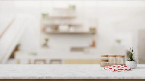 Empty space for display product on a tabletop in a modern white kitchen wit.. Stock Illustration