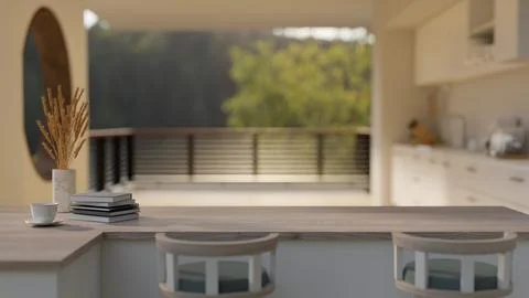 An empty space on a minimal wooden kitchen island or countertop in a modern.. Illustrazione stock