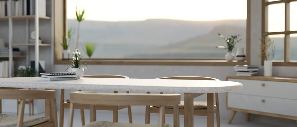 Empty space on a minimalist dining table in a beautiful Scandinavian dining.. Illustrazione stock