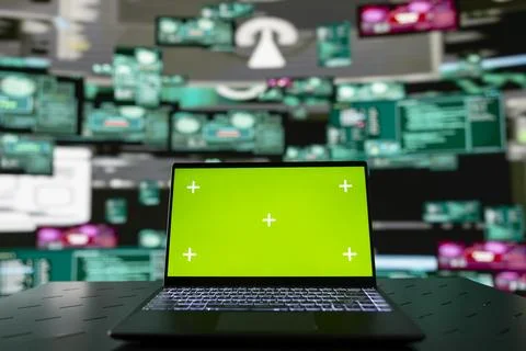 Empty space with mockup screen on pc used to initiate a cyber intrusion Stock Photos