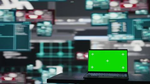 Empty space with mockup screen on pc used to initiate a cyber intrusion Stock Photos