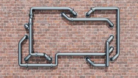 Empty space on a red brick wall is entangled in metal pipes 스톡 일러스트