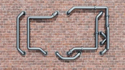 Empty space on a red brick wall is entangled in metal pipes Stock Illustration