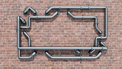 Empty space on a red brick wall is entangled in metal pipes 스톡 일러스트