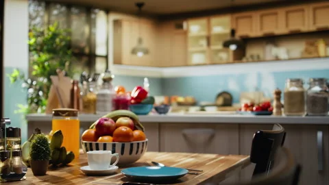 Empty space with tripod and camera in home kitchen studio for a cooking show Stock Footage 333608942