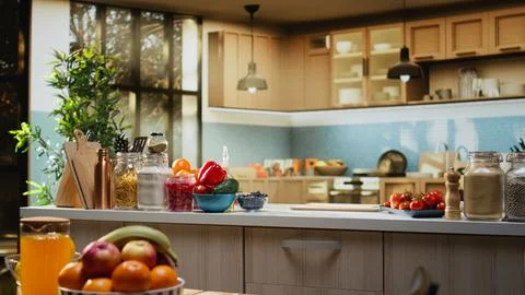 Empty space with tripod and camera in home kitchen studio for a cooking show Stock Photos