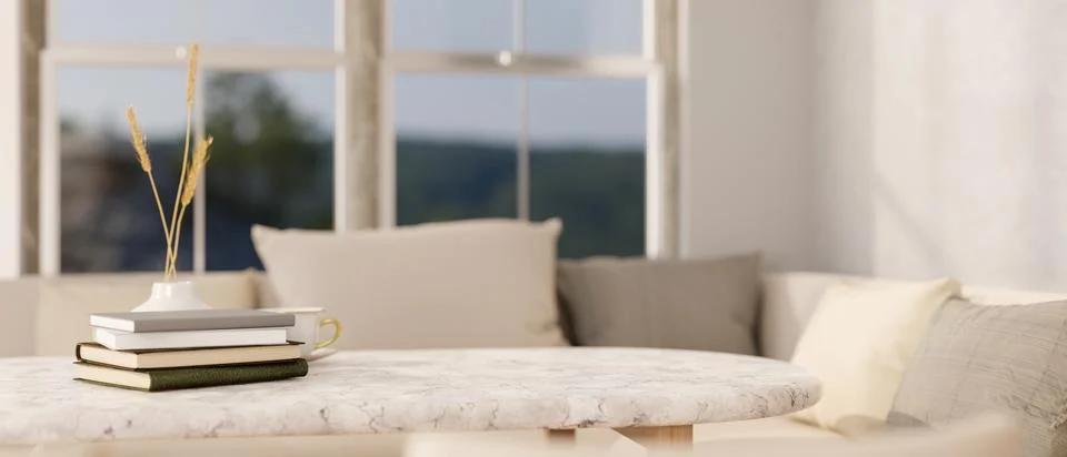 Empty space on a white marble table in a modern minimalist bright living room Illustrazione stock