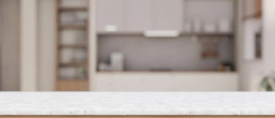 Empty space on a white tabletop with a blurred background of a contemporary.. Stock Photos