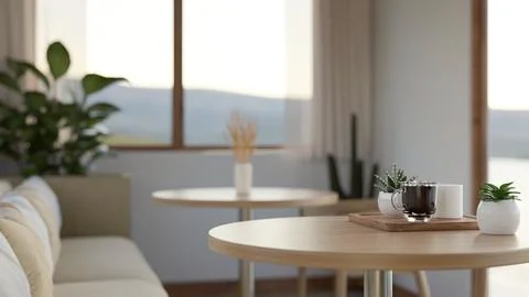 An empty space on a wooden table in a modern, cosy coffee shop seating area.. Stock Illustration