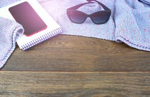 Empty space on your desktop mobile phone gadget Notepad sunglasses Old natura Stock Photos