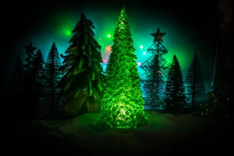 Empty space for your text. Christmas decorations. Fir tree standing on snow w Stock Photos