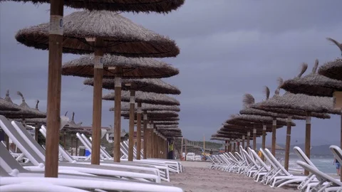 Empty Spanish beach with dark clouds Stock Footage 98434908