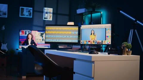 Empty specialized post processing studio with editing software interface on PC Stock Photos