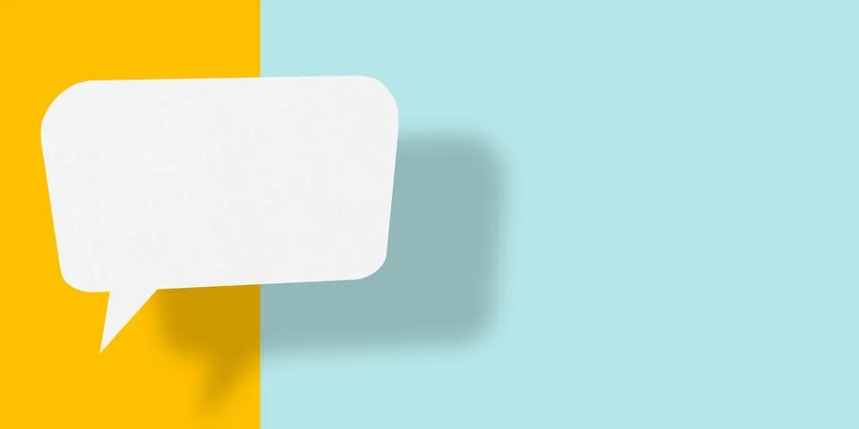 Empty speech balloon shape white paper isolated on yellow-light blue backgr.. Ilustración de archivo