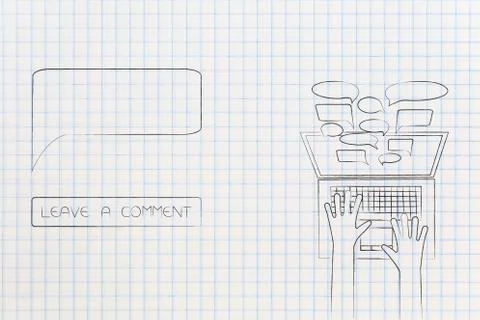 Empty speech bubble and Leave a Comment button next to laptop with comments p Stock Illustration