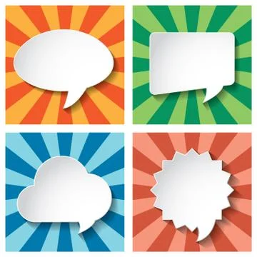Empty speech bubbles paper on sun burst retro pattern  background Stock Illustration