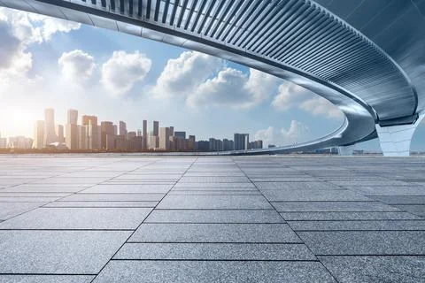 Empty square floor and city skyline with modern buildings in Hangzhou. Stock Photos