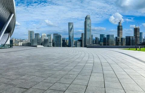 Empty square floor and city skyline with modern buildings in Ningbo Stock Photos