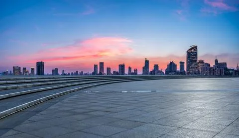 Empty square floor and city skyline with modern buildings in Shanghai Stock Photos