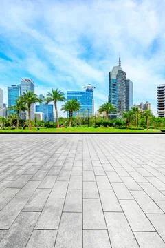 Empty square floor and financial district buildings in Shanghai,China. Stock Photos