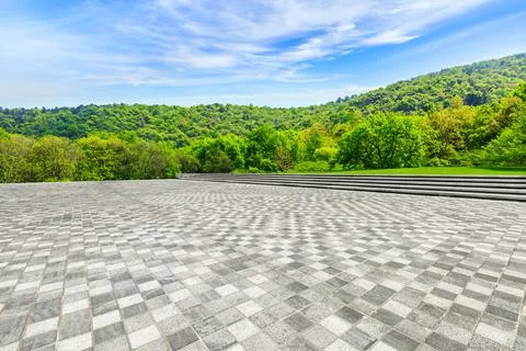 Empty square floor and green trees in natural park. Stock Photos