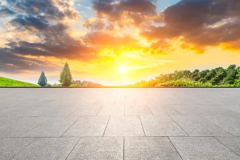 Empty square floor and green tea plantations natural scenery in Hangzhou. Stock Photos