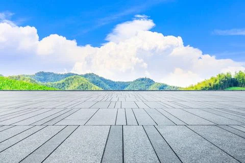 Empty square floor and green mountain with bamboo forest natural landscape. Stock Photos