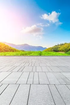 Empty square floor and green mountain with bamboo forest natural landscape. Stock Photos
