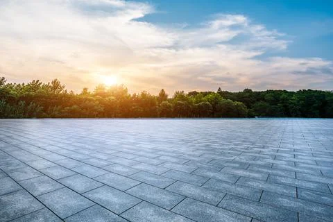 Empty square floor and green forest at sunrise. Stock Photos