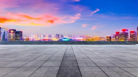 Empty square floor and modern city skyline with buildings in Hangzhou. Stock Photos
