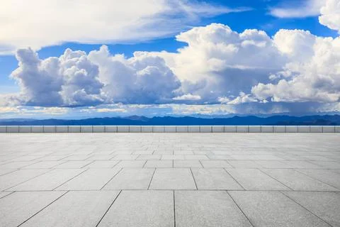 Empty square floor and mountain with sky clouds landscape. Stock Photos
