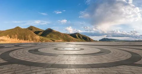Empty square floor and mountain nature scenery. Stock Photos