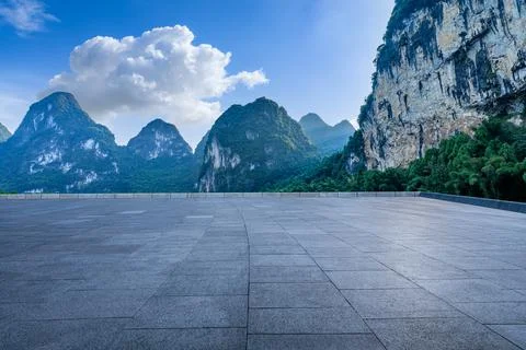 Empty square floor and mountain nature scenery. Stock Photos