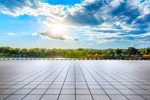 Empty square floor and the Summer Palace scenery in Beijing. Stock Photos