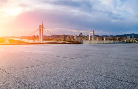 Empty square floor and urban skyline with bridge scenery in Zhoushan Stock Photos