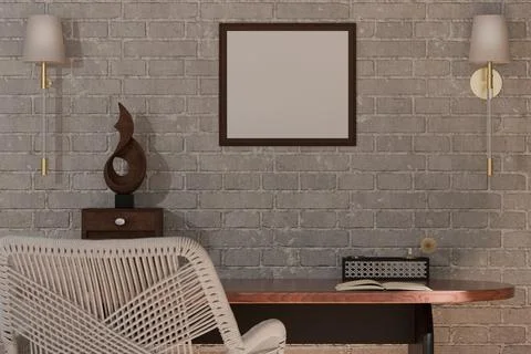 Empty square frame on brick wall, wicker chair, wooden desk Stock Illustration