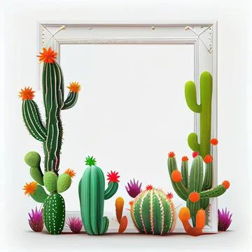 An empty square frame with colorful cactuses on white background. 库存插图
