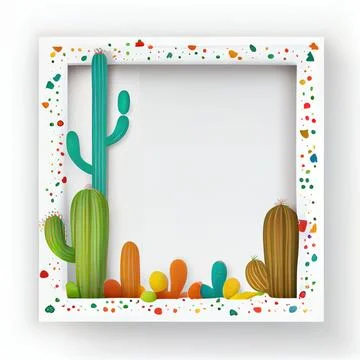 An empty square frame with colorful painted cactuses on white background. 库存插图