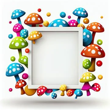 An empty square frame with colorful painted mushrooms on white background. 库存插图