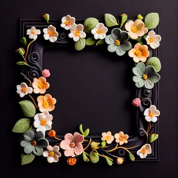 An empty square frame covered with polymer clay flowers on solid background. Illustrazione stock