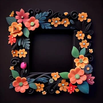 An empty square frame covered with polymer clay flowers on solid background. 스톡 일러스트