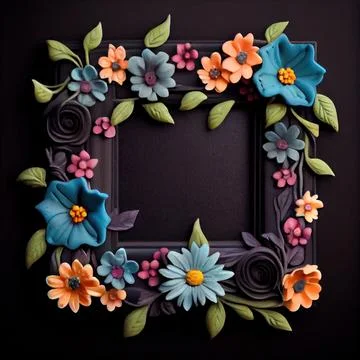 An empty square frame covered with polymer clay flowers on solid background. イラスト素材