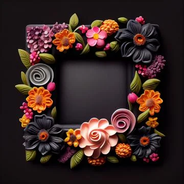An empty square frame covered with polymer clay flowers on solid background. Illustrazione stock
