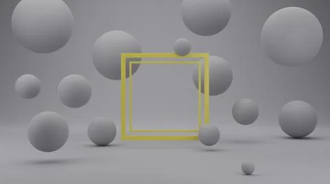 Empty square frame with floating sphere, year 2021 pantone theme, 3D render i Illustrazione stock