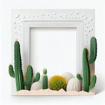 An empty square frame with green cactuses on white background. Stock Illustration